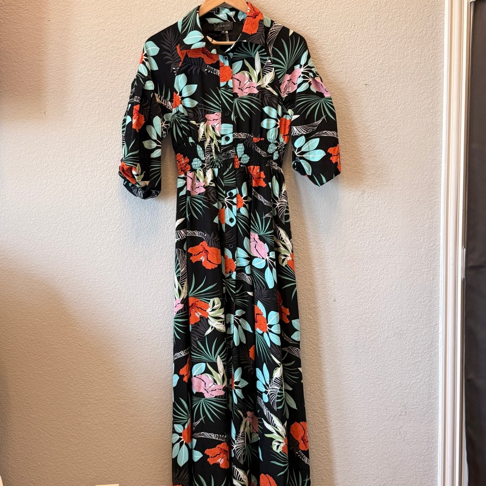 Gracia Tropical Floral Maxi Shirt Dress Womens S Black Pink Blue Smocked Waist